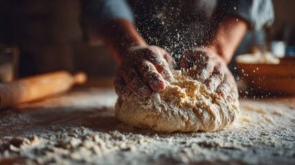 Hands kneading fresh dough on floured surface