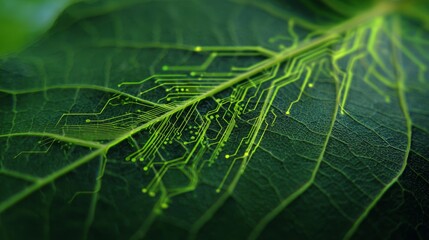 Green leaf with digital circuit overlay concept
