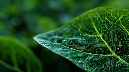 Green leaf with digital circuit overlay concept