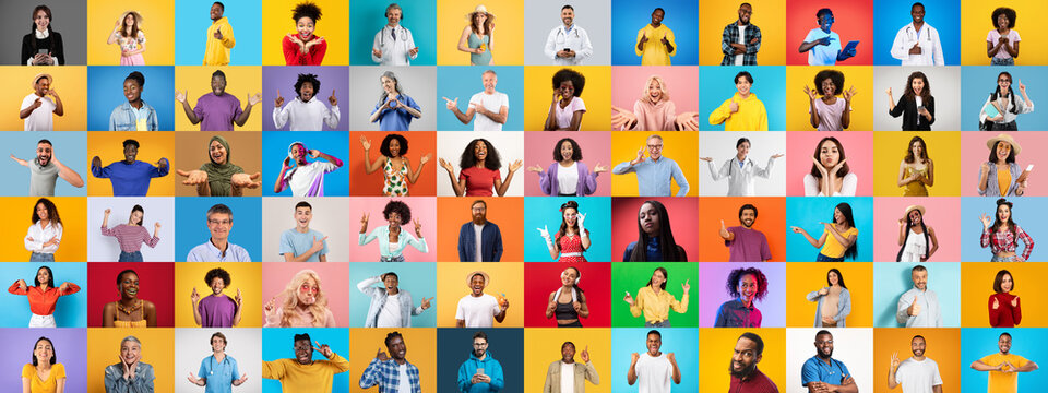 A vibrant collection of diverse individuals, each with unique expressions and styles, stands against bright backgrounds.