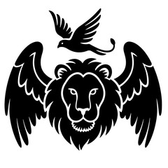 Black and White Winged Lion with Bird, Vector Illustration