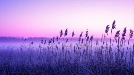 Misty dawn in a field of reeds. Sunrise paints the grass in purple hues, creating a serene and tranquil scene. A gentle morning mist hangs low over the field - Powered by Adobe