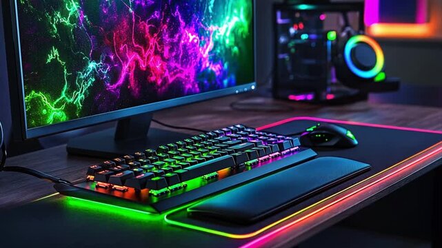 immersive gaming setup illuminated by vibrant rgb lighting featuring a sleek keyboard, responsive mouse, and mesmerizing monitor display for immersive experiences