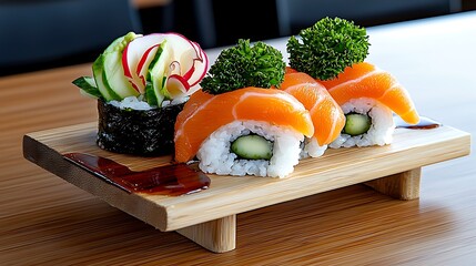 Fresh Salmon Sushi Set on Bamboo Plate