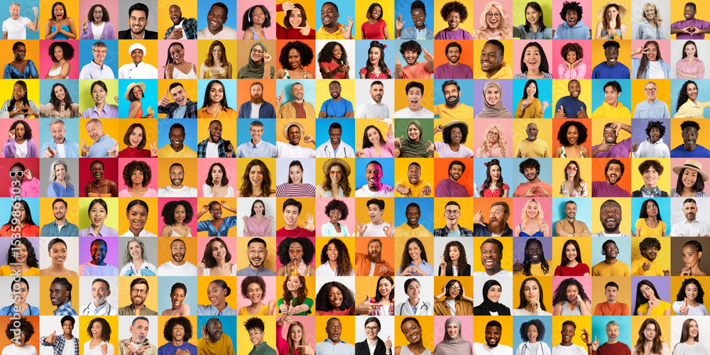 Poster a vibrant collage displays a diverse array of individuals from various backgrounds. each portrait hi