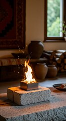 Indoor fireplace/fire pit on brick base with flames and sparks, in a rustic home interior setting with pottery and firewood in background.