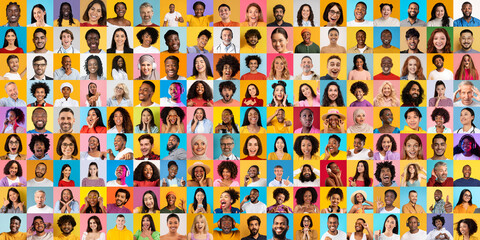 Obraz premium A vibrant collage captures the essence of diverse individuals from various backgrounds. Each person radiates joy and individuality, showcasing a rich tapestry of humanity in a colorful setting.