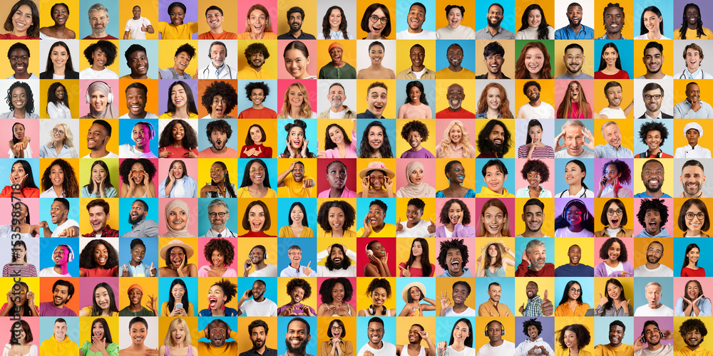 Poster a vibrant collection features diverse individuals showcasing a range of emotions including joy and e