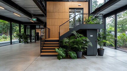 Modern Office Interior with Wooden Stairs and Green Plants