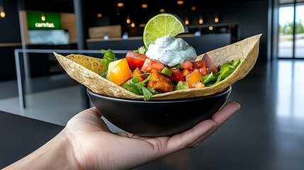 Taco Salad in Edible Tortilla Shell Held in Hand