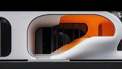 Modern, organic house facade with orange accent