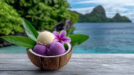 Tropical Ice Cream Served in Coconut Shell on Beach