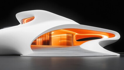 Modern, futuristic, white building with organic curves, illuminated interior