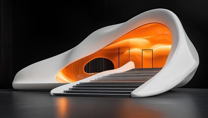 Abstract architectural entryway, smooth white forms, warm orange interior