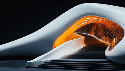 Futuristic white archway with glowing orange interior and stairs