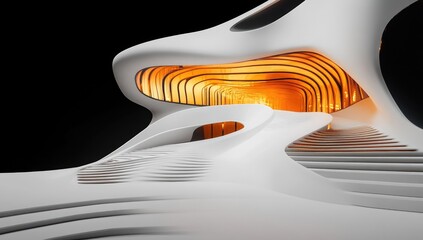 Abstract architectural rendering of a futuristic, flowing structure with warm interior lighting