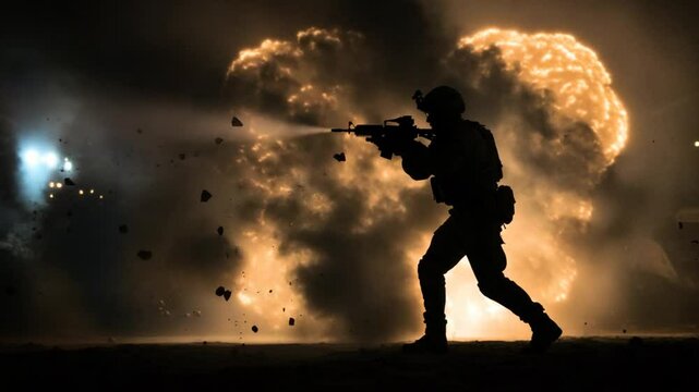 Silhouette with firearm and explosion - Powered by Adobe