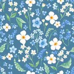 Watercolor pattern of forget-me-nots, bluebells, and baby’s breath flowers in soft pastel blue and white tones