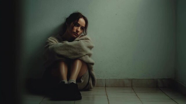 Cinematic portrait of a sad young woman sitting alone on the floor by a wall, hugging her knees and looking at the camera with a melancholic expression