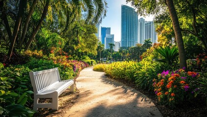 Sunny park path with white bench, lush greenery and city skyscrapers in the background