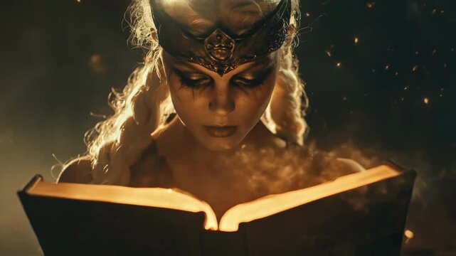 Blond shieldmaiden wearing golden headband reading ancient magic book, emanating glowing light and swirling smoke within shadowy environment, revealing mystical norse mythology narrative