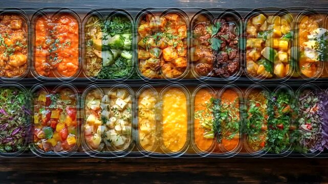 Variety of Pre-Packaged Healthy Meals for Food Delivery Services and Meal Prepping Concept