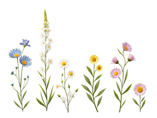 Set of wildflowers and daisies of various heights and colors,spring,isolated,object