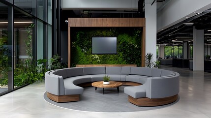 Modern Office Lobby Area with Round Sofa and Living Wall