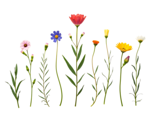 Set of wildflowers and daisies of various heights and colors, isolated on white background, flat lay style,