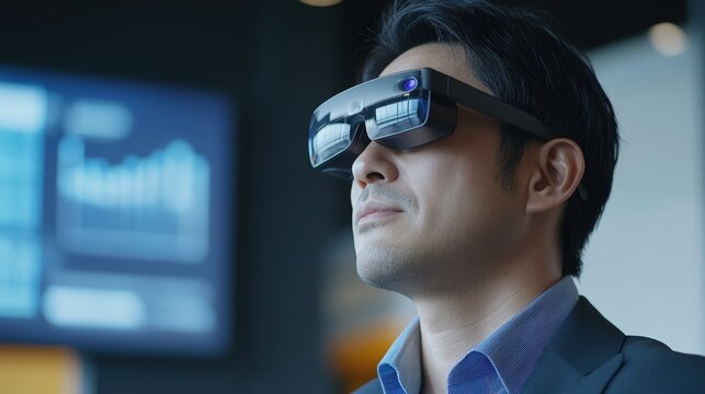 Japanese businessman wearing smart AR glasses analyzing floating 3D data charts in high-tech office for modern digital workspace analytics and business intelligence