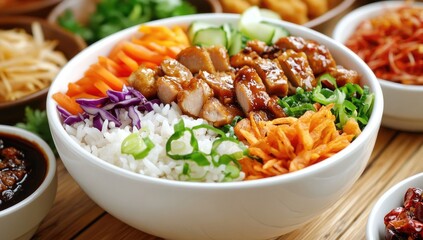 Colorful rice bowl with grilled chicken and vegetables.  A vibrant medley of  cooked rice,  grilled chicken,  carrots,  red cabbage,  cucumber, and  other Asian-inspired components. 