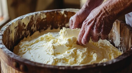 Close up of skilled hands churning fresh homemade butter in rustic wooden barrel with natural lighting highlighting creamy texture in traditional farmhouse kitchen