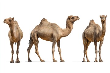 Camels standing side by side with distinct humps and expressive posture isolated on white background