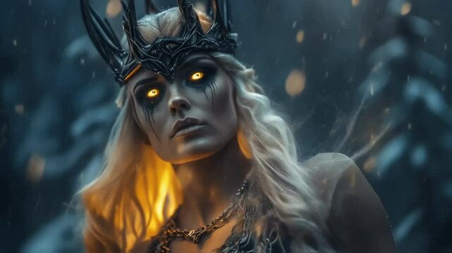 Mythological norse queen standing amid snowfall, wearing dark crown and chainmail, radiating powerful presence with glowing supernatural eyes within shadowy winter forest landscape