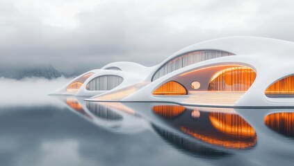 A serene, futuristic building complex on water, bathed in warm, glowing light.  Soft, flowing white forms are reflected in a still body of water. 