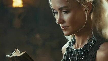 Fair haired woman wearing a dark dress and a metal necklace is reading an ancient book with symbols, possibly about magic or norse mythology, in a dimly lit medieval setting - Powered by Adobe