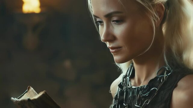 Fair haired woman wearing a dark dress and a metal necklace is reading an ancient book with symbols, possibly about magic or norse mythology, in a dimly lit medieval setting