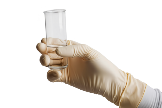 Close up Hand of Scientist Holding Glass Flask with Transparent Liquid in Gloved Hand