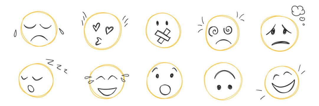 Doodle smile emoji face icon set. Kids hand drawn sketch. Emoticons with different emotion. Laugh, sleep, mute, happy, kiss, sad, smiling scribble. Freehand drawing comic isolated vector illustration
