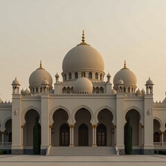 Fototapeta premium A grand mosque with multiple white domes and arched entrances, showcasing intricate Islamic architectural design at dusk.