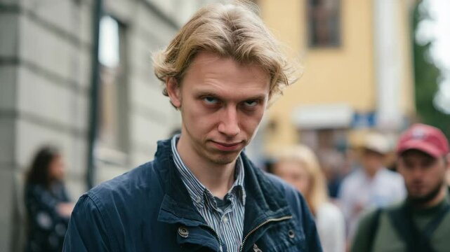 Man on a street with a creepy smirk face