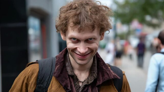 Man on a street with a creepy smirk face