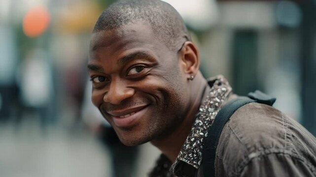 Man on a street with a creepy smirk face