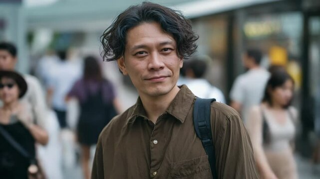 Man on a street with a creepy smirk face