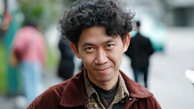 Man on a street with a creepy smirk face