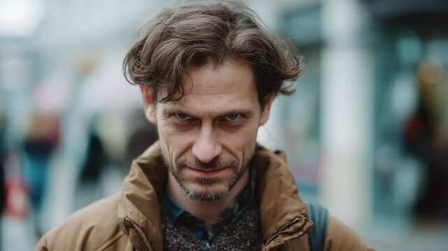 Man on a street with a creepy smirk face