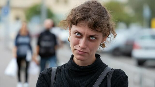 Woman on a street with a creepy smirk face