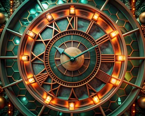 Naklejka premium Ornate copper and teal clock face with illuminated details