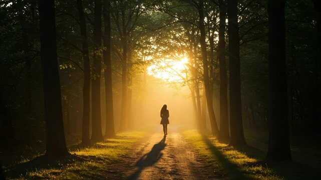 Person walking on forest path with sunlight