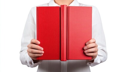 Close-up of a person in a white shirt holding a large, open, solid red book in front of them against a white background